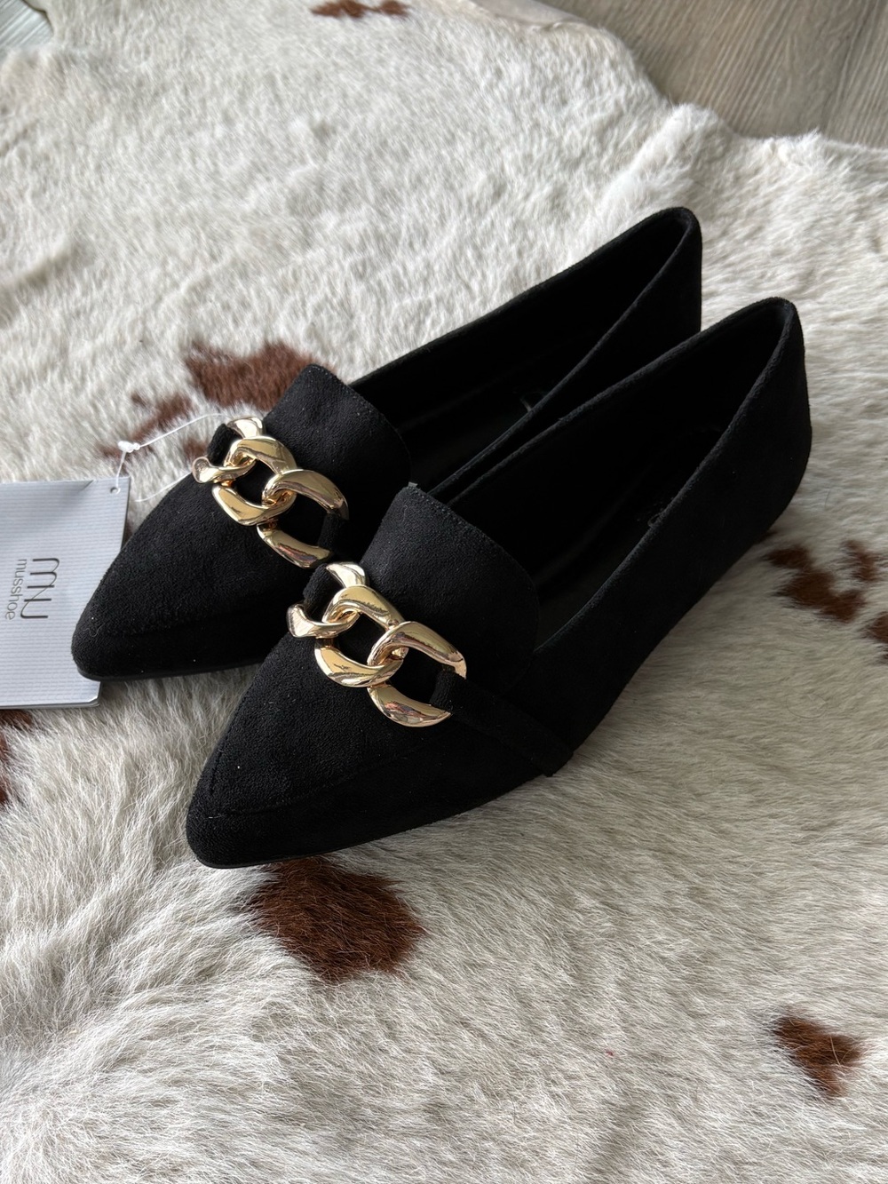 NWT Pointed Black Faux Suede Flats with Gold Chain Accent